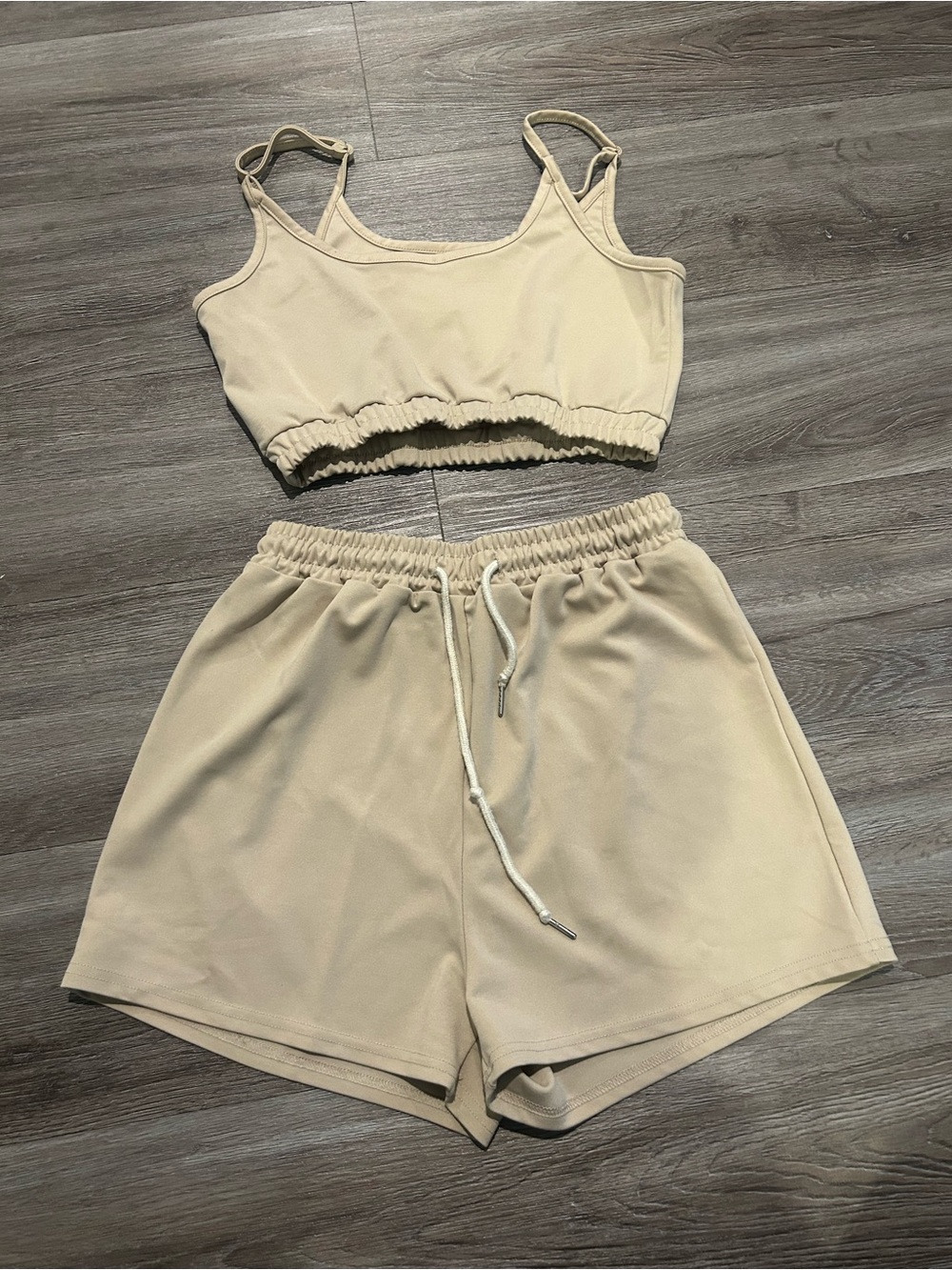 SHEIN Beige Ribbed Crop Bralette & Drawstring Shorts Set